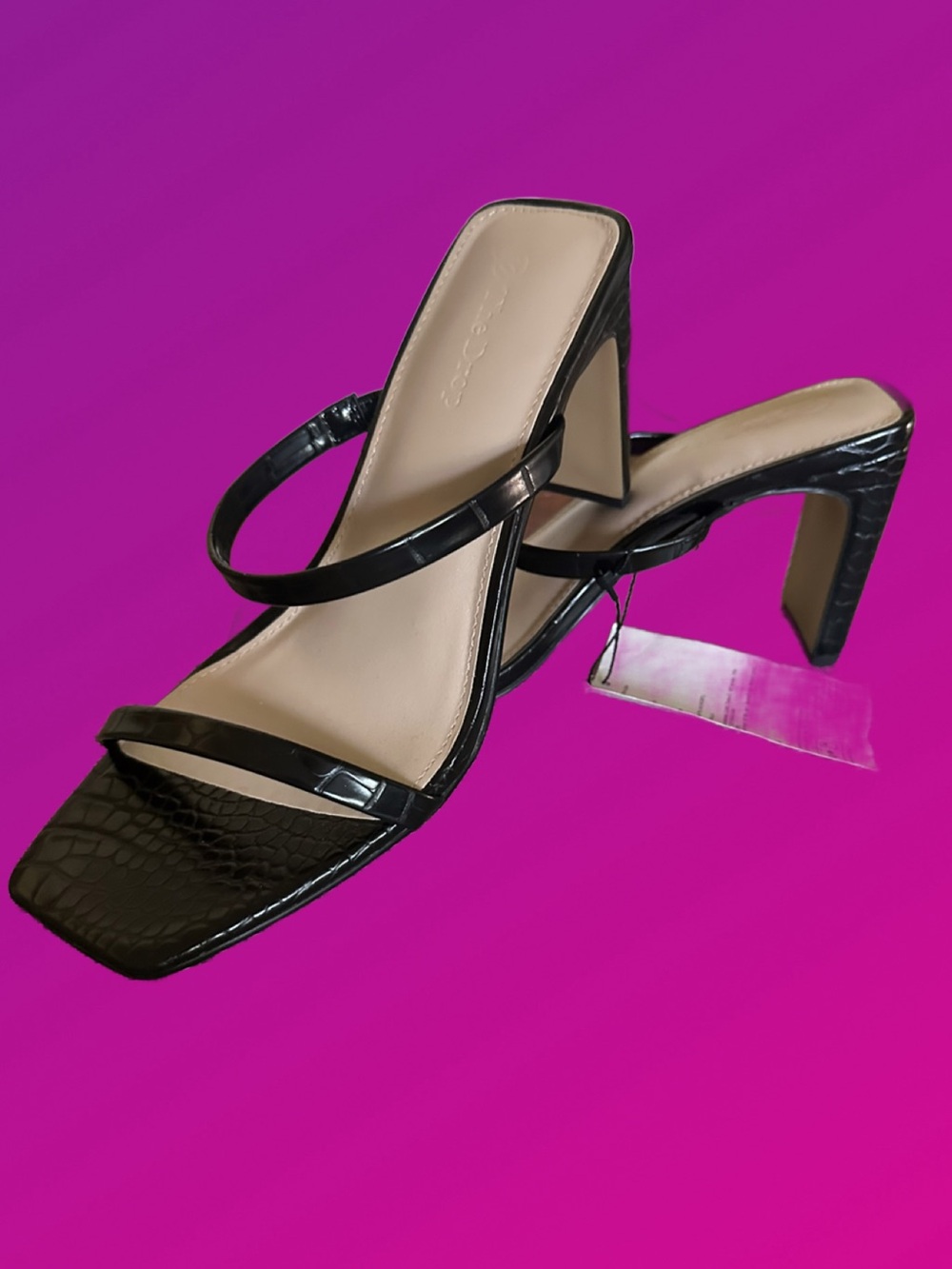 Black Strappy Croc-Texture Block Heel Sandals